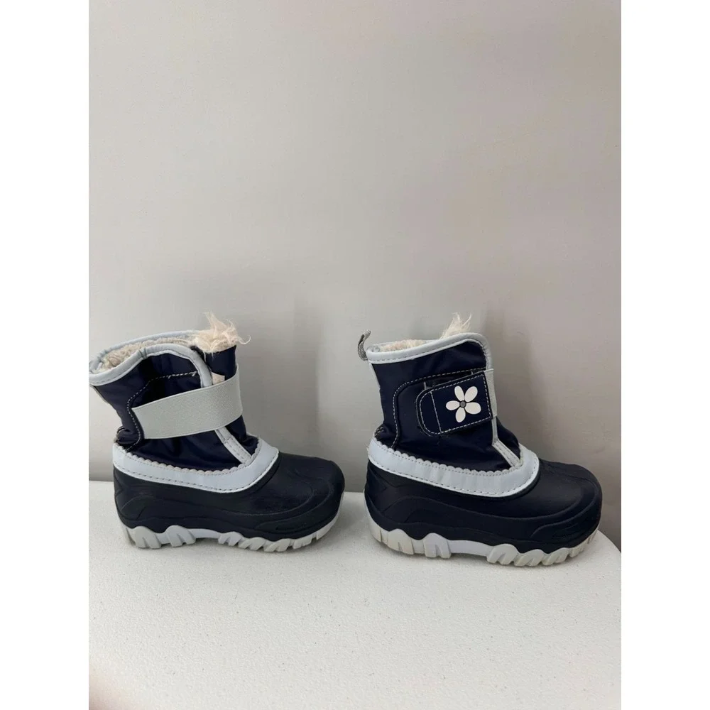 Toddler Navy Blue Winter Snow Boots Faux Fur Lined Size 9/10 Durable Sole Flower